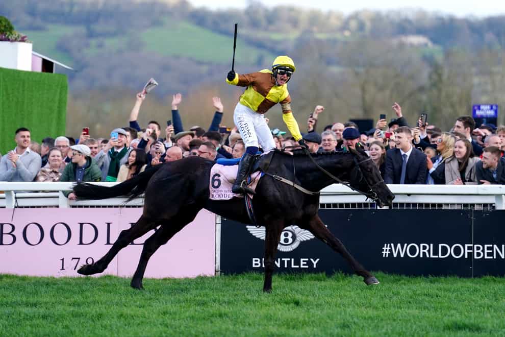 Paul Townend celebrates winning the Boodles Cheltenham Gold Cup on Galopin Des Champs (David Davies/The Jockey Club)