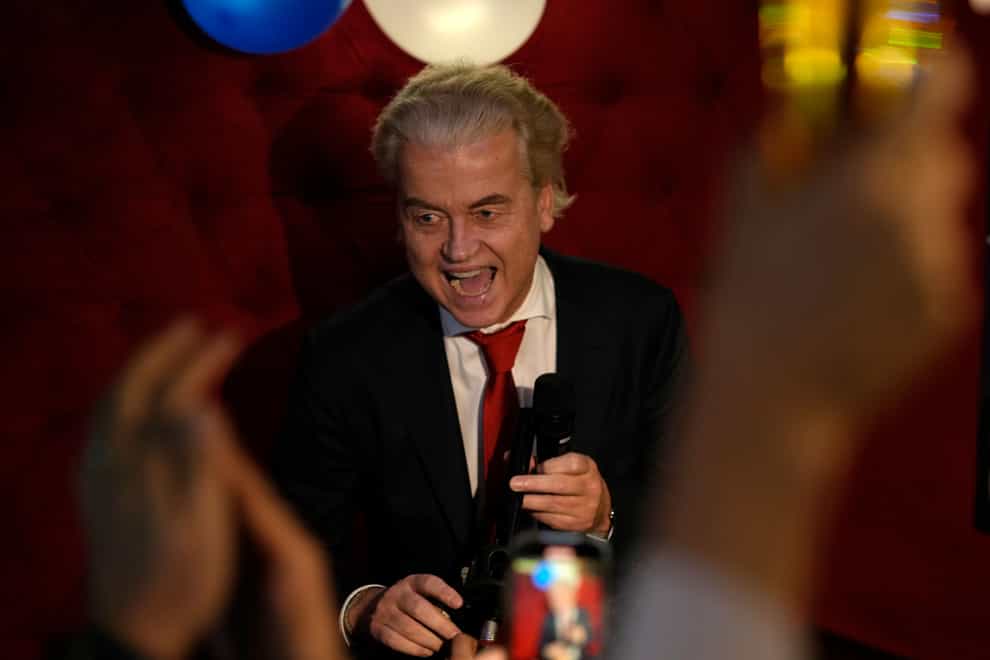 Geert Wilders, leader of the Party for Freedom, known as PVV, reacts to first preliminary results of general elections (Peter Dejong/AP)