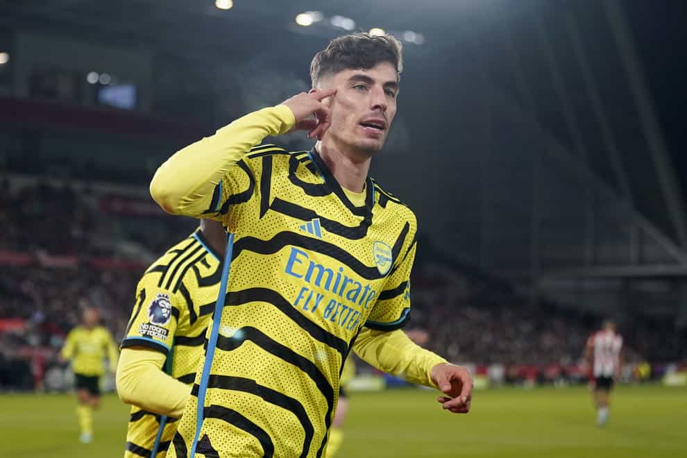 Arsenal’s Kai Havertz celebrates scoring their side’s first goal of the game during the Premier League match at the Gtech Community Stadium, London. Picture date: Saturday November 25, 2023.