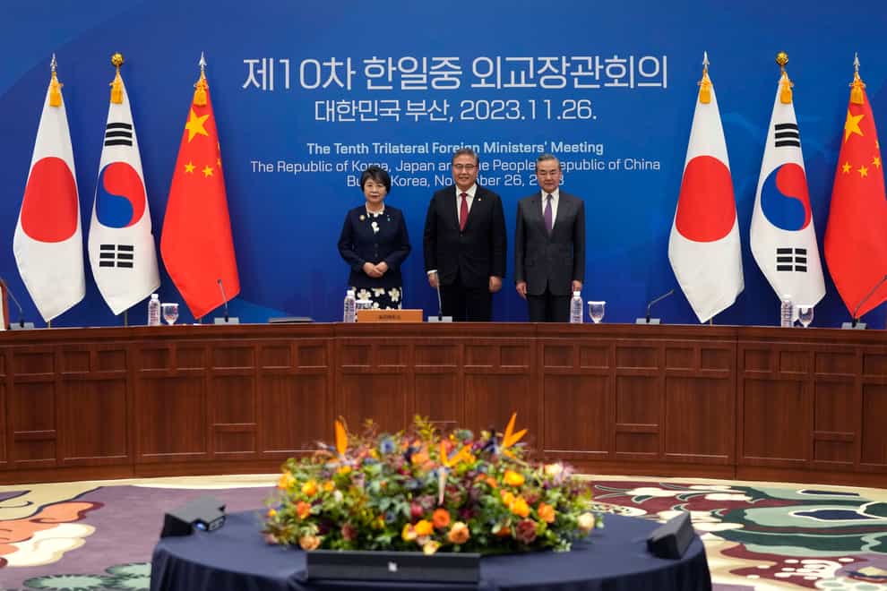 The foreign ministers of Japan, South Korea and China met in Busan (AP Photo/Ahn Young-joon, Pool)