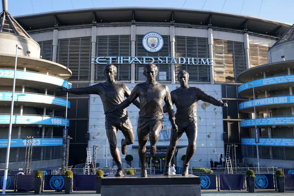 Manchester City have unveiled a new statue of former players Colin Bell, Francis Lee and Mike Summerbee outside the Etihad Stadium (Martin Rickett/PA)