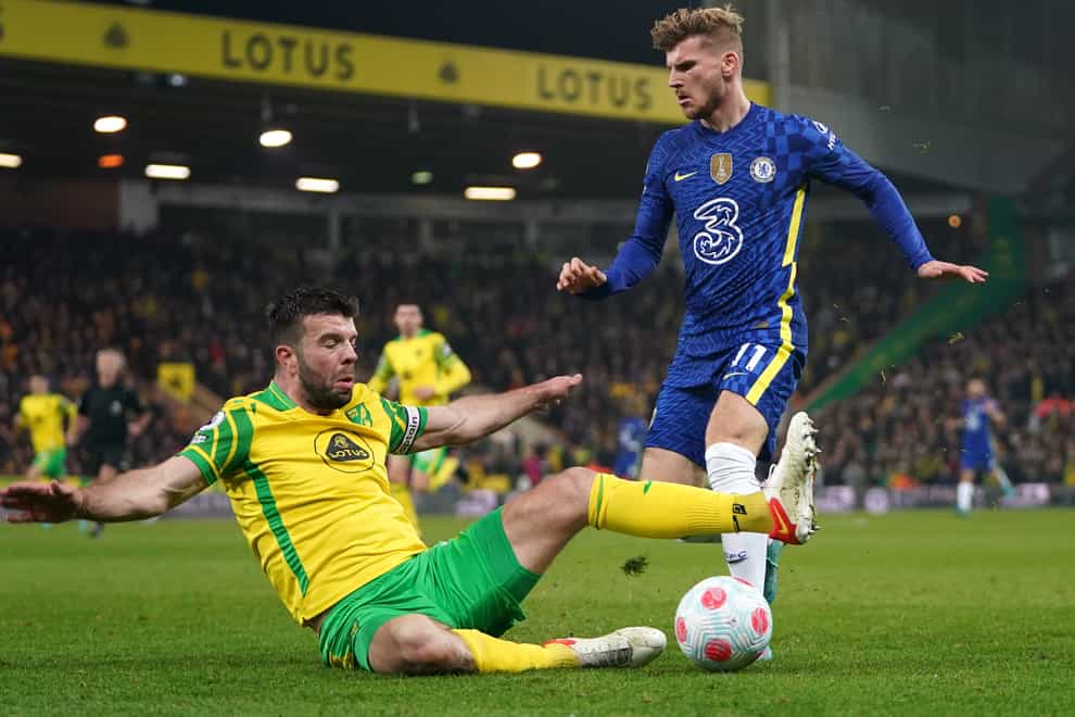 RB Leipzig striker Timo Werner (right) pictured in action for Chelsea against Norwich (PA)