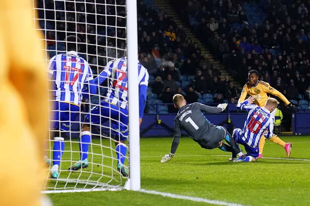 Abdul Fatawu scores Leicester’s opener (David Davies/PA)