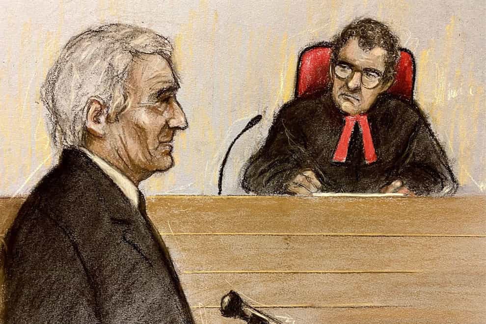 Court artist sketch of Sir James Dyson appearing at the Royal Courts Of Justice, central London, for his libel trial against Mirror Group Newspapers (Elizabeth Cook/PA)