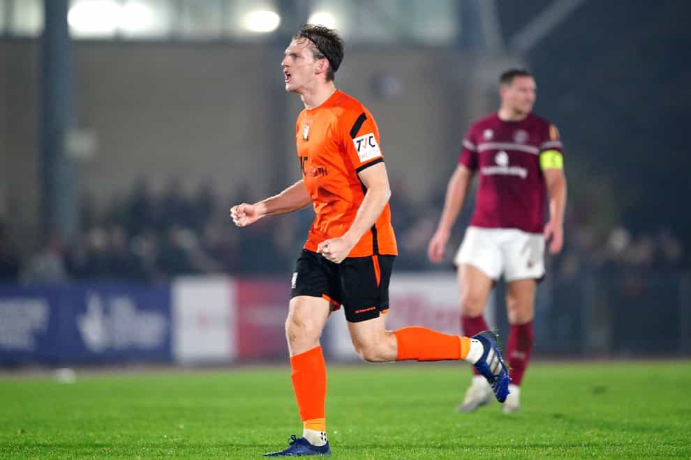 Barnet’s Danny Collinge celebrates after the Emirates FA Cup first round replay match at the Melbourne Stadium, Chelmsford. Picture date: Monday November 14, 2022.
