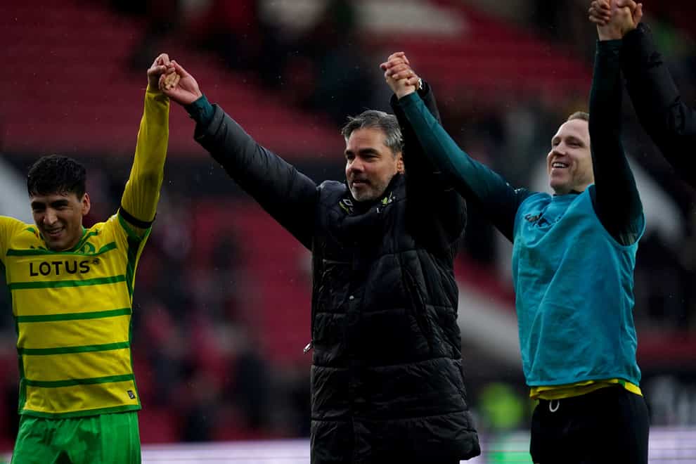 David Wagner (centre) saw his Norwich side claim a last-gasp win at Bristol City (Nick Potts/PA)