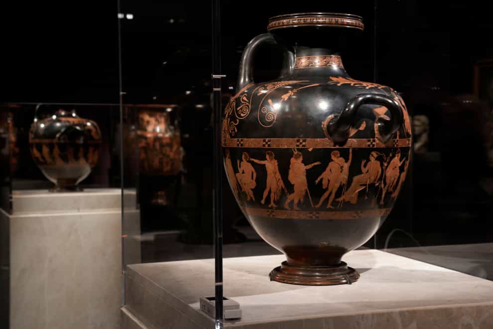 The ancient Greek vase from 420 BC – the Meidias Hydria – is on loan from the British Museum (AP)