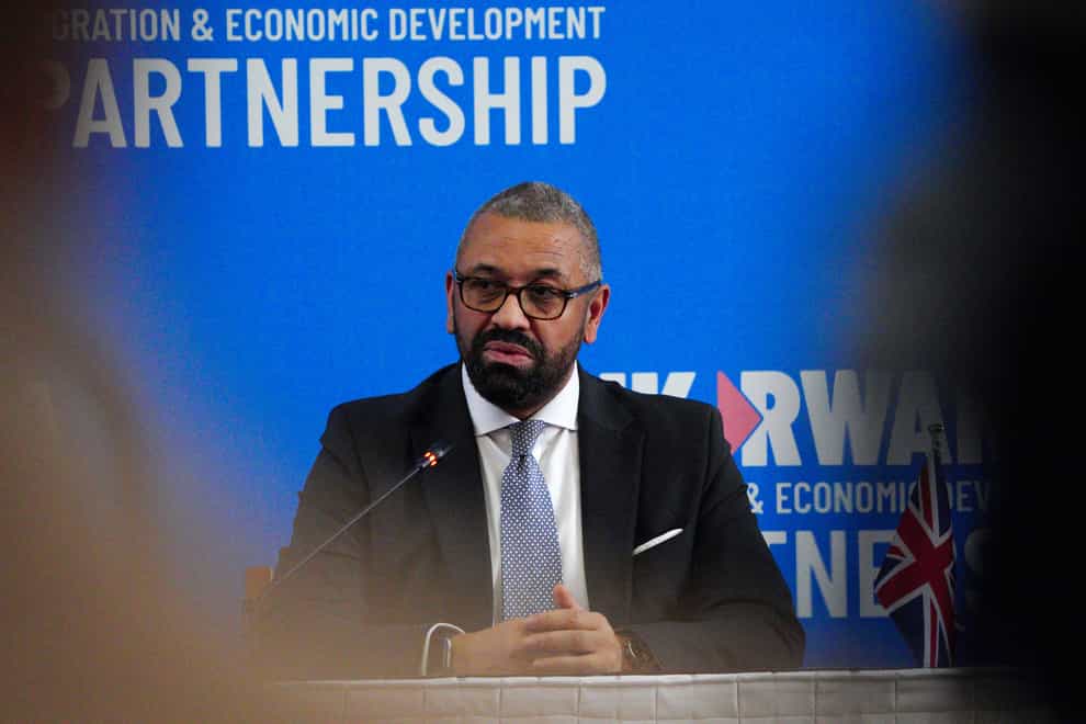 Home Secretary James Cleverly during a press conference with Rwandan Minister of Foreign Affairs Vincent Biruta after the signing of a new treaty in Kigali, Rwanda (Ben Birchall/PA)