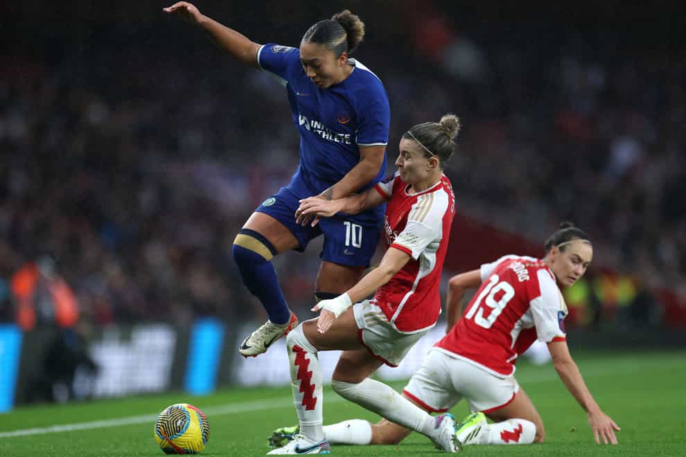 Lauren James, left, was booked for allegedly stamping in Chelsea’s 4-1 defeat to Arsenal on Sunday (Bradley Collyer/PA)
