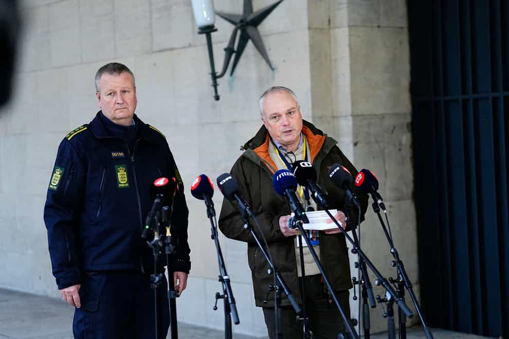 Chief police inspector and operational chief of PET Flemming Drejer, right, and senior police inspector and head of emergency services in Copenhagen Police Peter Dahl give a press briefing at the police station in Copenhagen, Denmark (Martin Sylvest/Ritzau Scanpix via AP)