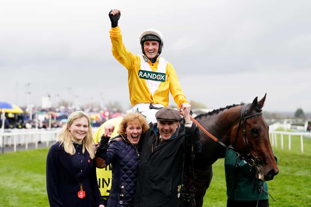 Stephen Mulqueen celebrates winning The Winners Wear Cavani Sefton Novices’ Hurdle on Apple Away during day two of the Randox Grand National Festival at Aintree Racecourse, Liverpool. Picture date: Friday April 14, 2023.