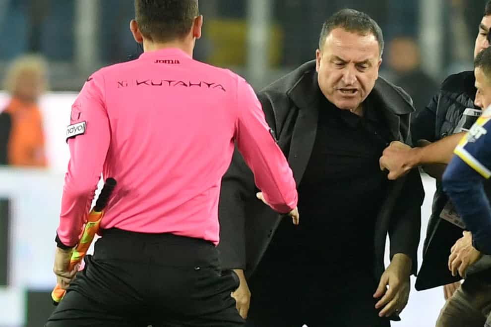 Former MKE Ankaragucu president Faruk Koca, centre right, has been banned after hitting a referee (Abdurrahman Antakyali/Depo Photos via AP)