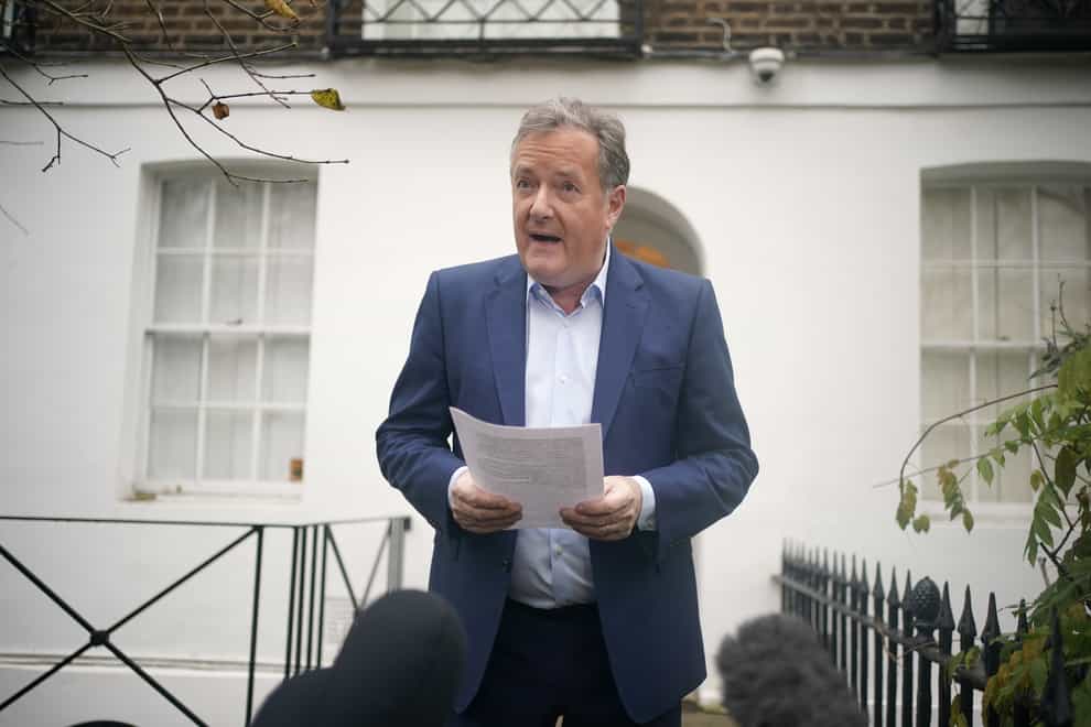 Former Mirror editor Piers Morgan speaks to the media at his home in west London, after a High Court judge ruled that there was “extensive” phone hacking by Mirror Group Newspapers from 2006 to 2011, “even to some extent” during the Leveson Inquiry into media standards. The Duke of Sussex was awarded �140,600 after bringing a phone hacking claim against MGN, one of a number of high-profile figures who brought claims against the newspaper publisher over alleged unlawful information gathering at its titles. Picture date: Friday December 15, 2023.