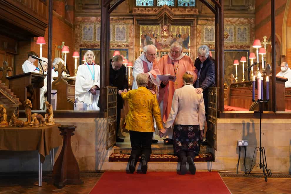 Catherine Bond (left) and Jane Pearce were blessed at St John the Baptist Church in Felixstowe, Suffolk, after the use of prayers of blessing for same-sex couples in Church of England services were approved by the House of Bishops (Joe Giddens/PA)