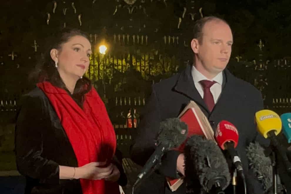DUP MLA Gordon Lyons with party colleague Emma Little-Pengelly speaking to the media outside Hillsborough Castle after party talks with Government officials on Stormont finances (Claudia Savage/PA)