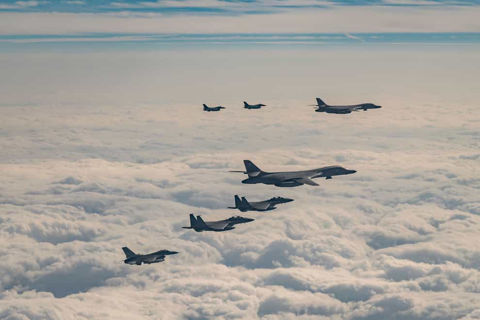 US air force B-1B bombers, F-16 fighter jets, South Korean Air Force F-15K fighter jets and Japanese Air Force F-2 fighter jets fly over South Korea’s southern island of Jeju (South Korea defence ministry via AP)