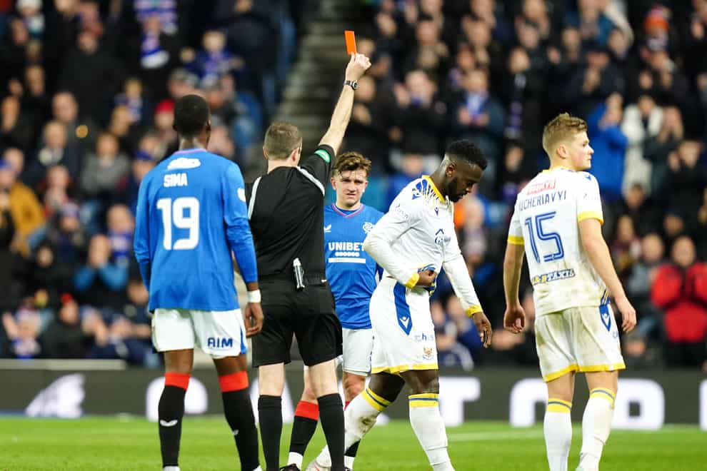 St Johnstone’s Diallang Jaiyesimi (second right) was shown a red card at Ibrox (Jane Barlow/PA)