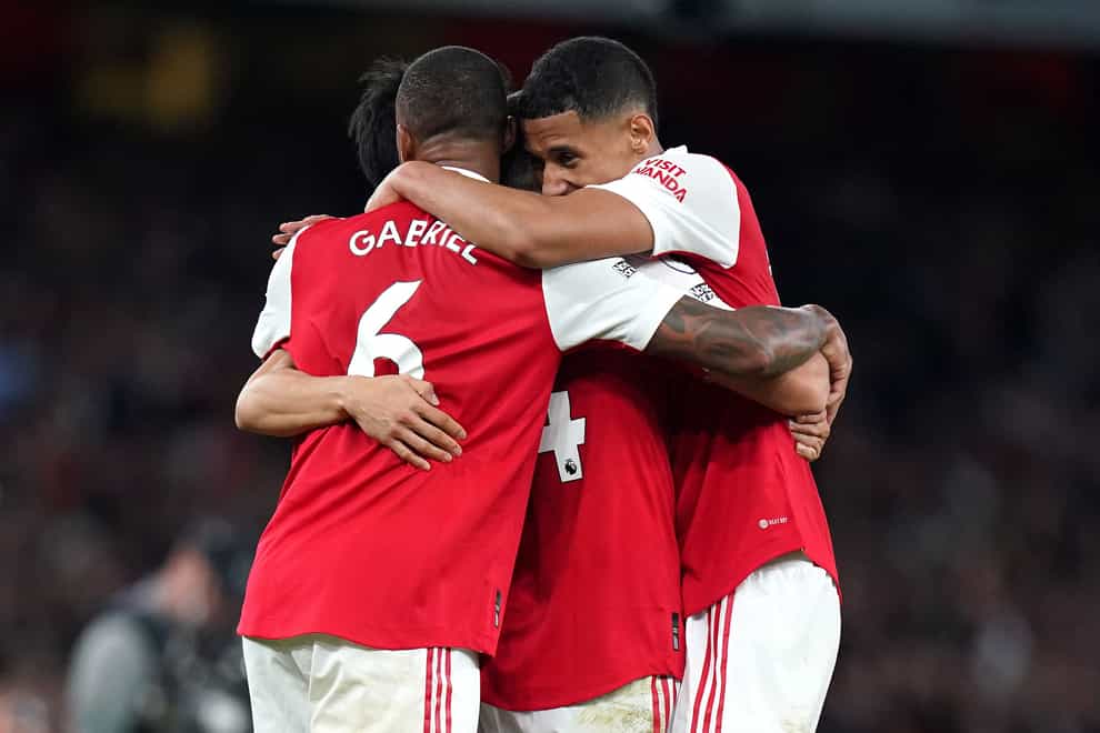 Arsenal’s Gabriel (left), Ben White (centre) and William Saliba have helped the Gunners boast one of the best defensive records in the division (Adam Davy/PA)