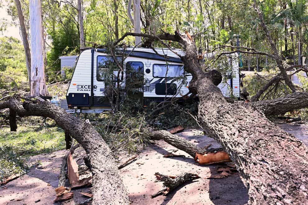 A fallen tree lays across a camping trailer near the Gold Coast, Australia (Dave Hunt/AAP/AP)