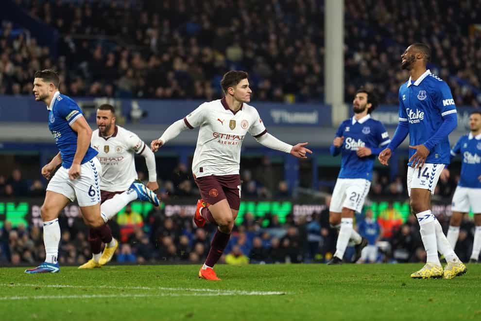 Julian Alvarez celebrates scoring Manchester City’s second goal (Martin Rickett/PA)