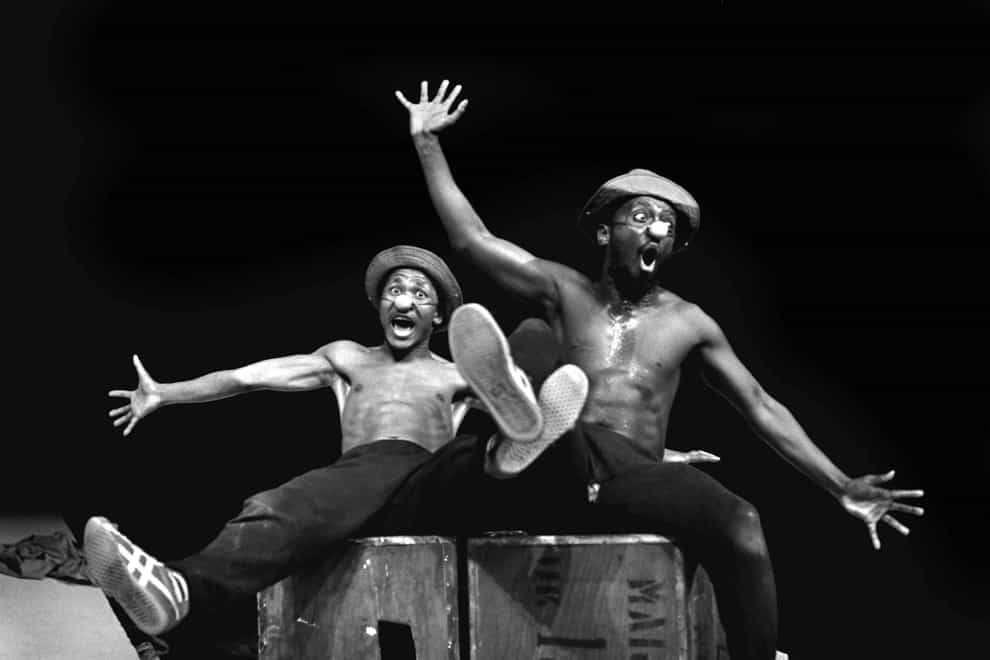 Performers Percy Mtwa, left, and Mbongeni Ngema in a scene from Woza Albert at the Market Theatre in Johannesburg (AP)