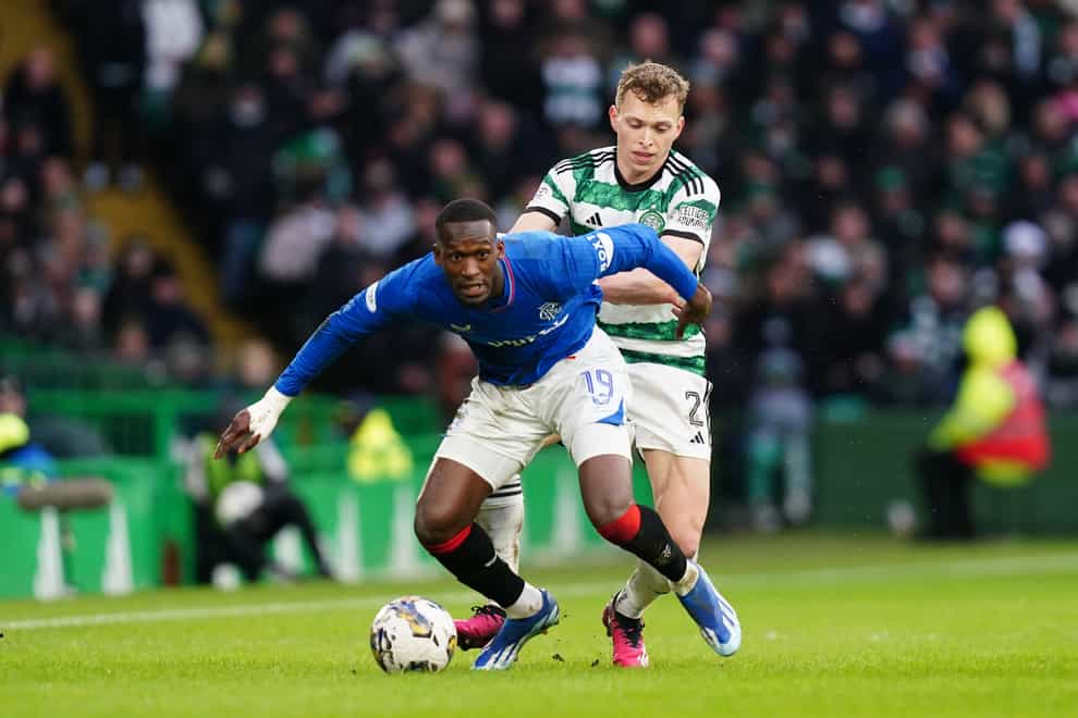 Celtic’s Alistair Johnston (right) and Rangers’ Abdallah Sima in penalty controversy (Jane Barlow/PA)