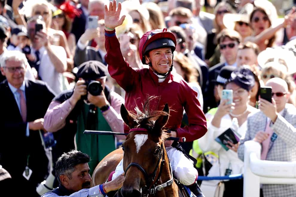 Jockey Frankie Dettori celebrates on Soul Sister in the winners enclosure after winning the Betfred Oaks during ladies day of the 2023 Derby Festival at Epsom Downs Racecourse, Epsom. Picture date: Friday June 2, 2023.