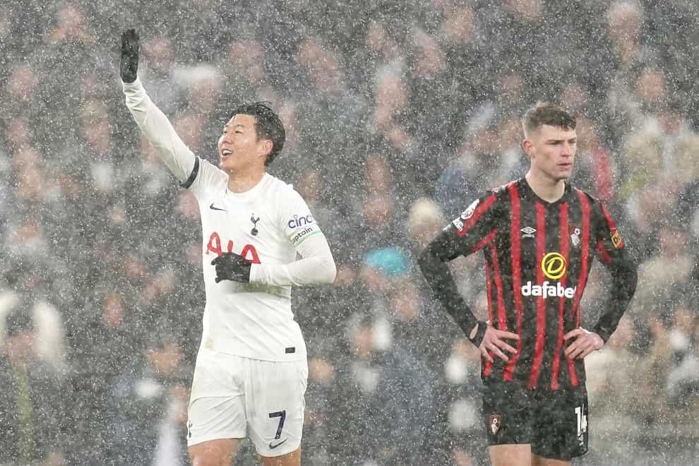 Son Heung-min celebrates scoring in Tottenham’s 3-1 win over Bournemouth (John Walton/PA)