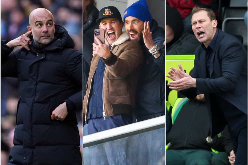 Pep Guardiola’s Manchester City and Rob McElhenney and Ryan Reynolds’ Wrexham thrived in 2023 but Duncan Ferguson, right, had an ill-fated spell with Forest Green (Martin Rickett/Barrington Coombs/Nigel French/PA)