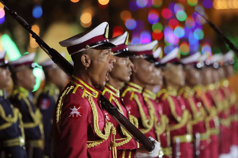 The commander of an honour guard shouts during a ceremony marking Myanmar’s 76th anniversary of Independence Day in Naypyitaw, Myanmar (Aung Shine Oo/AP)