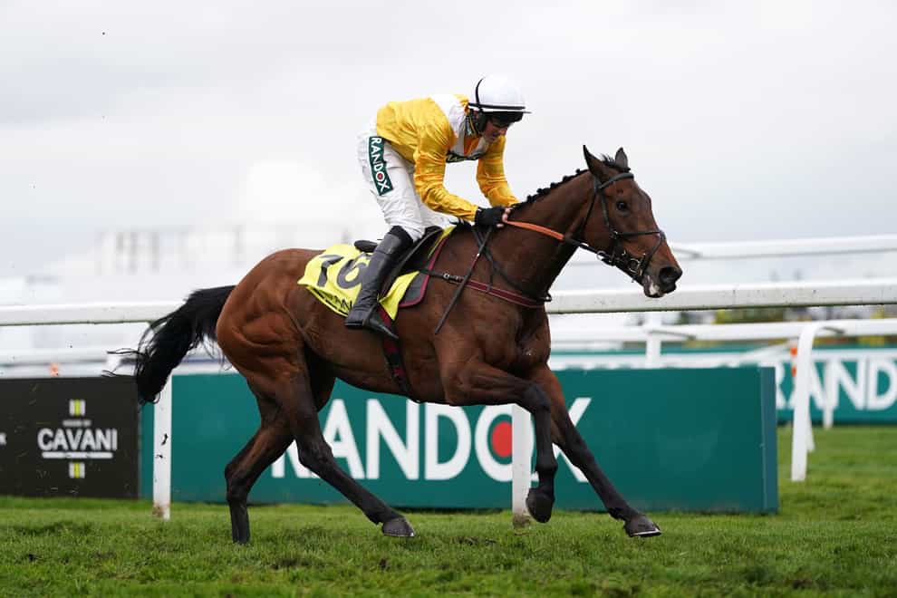 Apple Away ridden by Stephen Mulqueen on their way to winning the Winners Wear Cavani Sefton Novices’ Hurdle during day two of the Randox Grand National Festival at Aintree Racecourse