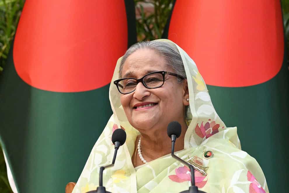 Prime Minister Sheikh Hasina addresses a press conference following her election victory in Bangladesh (Bangladesh Prime Minister’s office via AP)