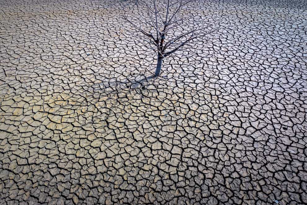 The cracked earth of the Sau reservoir is visible north of Barcelona, Spain, in March 2023 (Emilio Morenatti/AP)