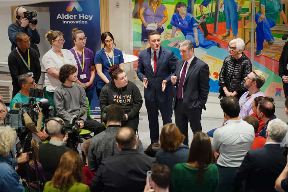 Labour Party leader Sir Keir Starmer (centre right), with shadow health secretary Wes Streeting (centre left) speaking during a visit to Alder Hey Children’s Hospital, Liverpool, to unveil their Child Health Action Plan (Peter Byrne/PA)