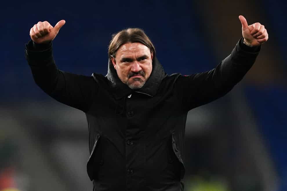 Leeds manager Daniel Farke celebrates after his side’s 3-0 Sky Bet Championship win at Cardiff (Nick Potts/PA)