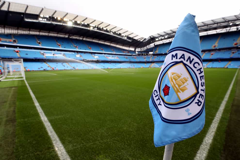 Manchester City club badge on the corner flag before the Premier League match at the Etihad Stadium, Manchester.