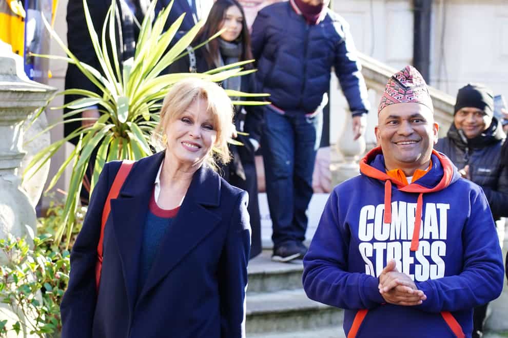 Dame Joanna Lumley with Sujan Katuwal outside the Embassy Of Nepal as he begins 3,000-mile walking challenge through every London borough (Ian West/PA)