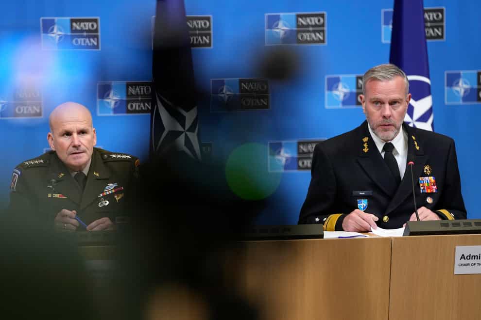 Chair of the Nato Military Committee Admiral Rob Bauer, right, and Supreme Allied Commander Europe, General Christopher Cavoli, address a media conference in Brussels on Thursday (Virginia Mayo/AP)