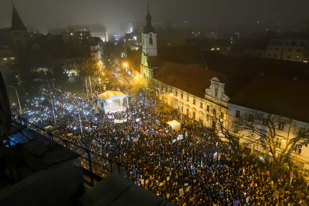 People take part in a protest in Bratislava on Thursday (Jaroslav Novak/TASR via AP)