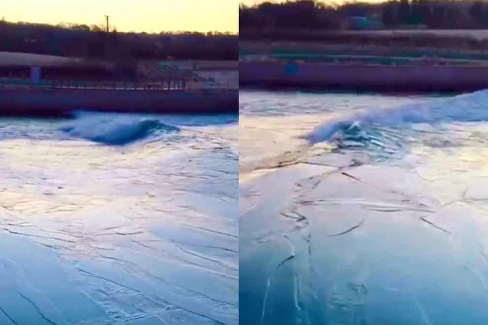 Ice is broken up by waves at an inland surfing venue (The Wave, Bristol)