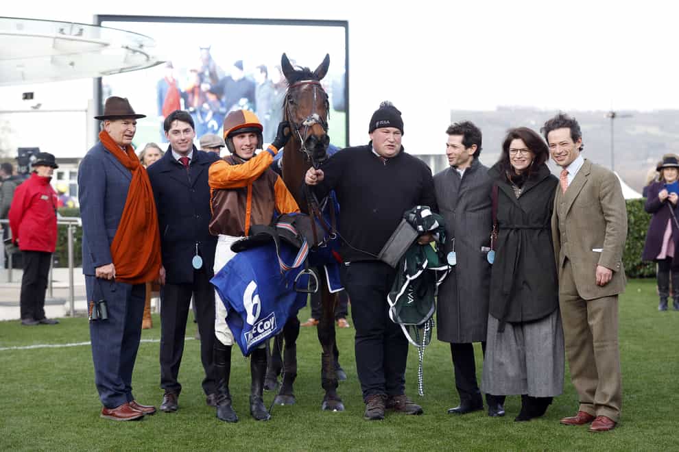 Noble Yeats and his connections after his Cleeve Hurdle success (Nigel French/PA)