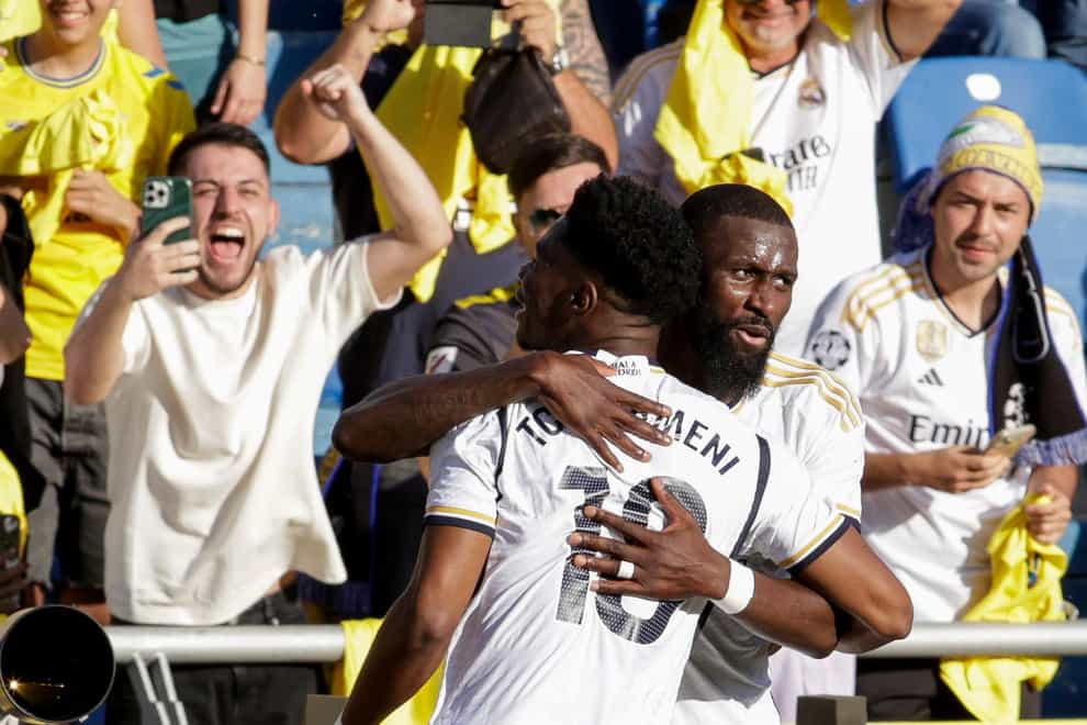 Real Madrid’s Aurelien Tchouameni celebrates scoring his side’s second goal against Las Palmas (Gerardo Ojeda/AP)