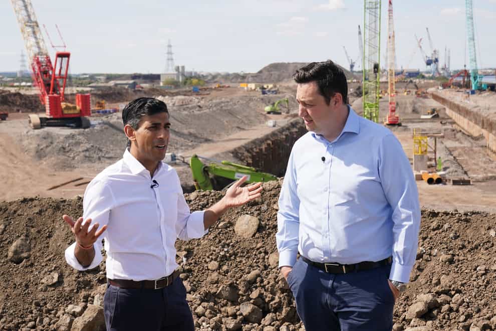 Rishi Sunak and Tees Valley Mayor Ben Houchen during a visit to Teesworks in Redcar (Owen Humphreys/PA)