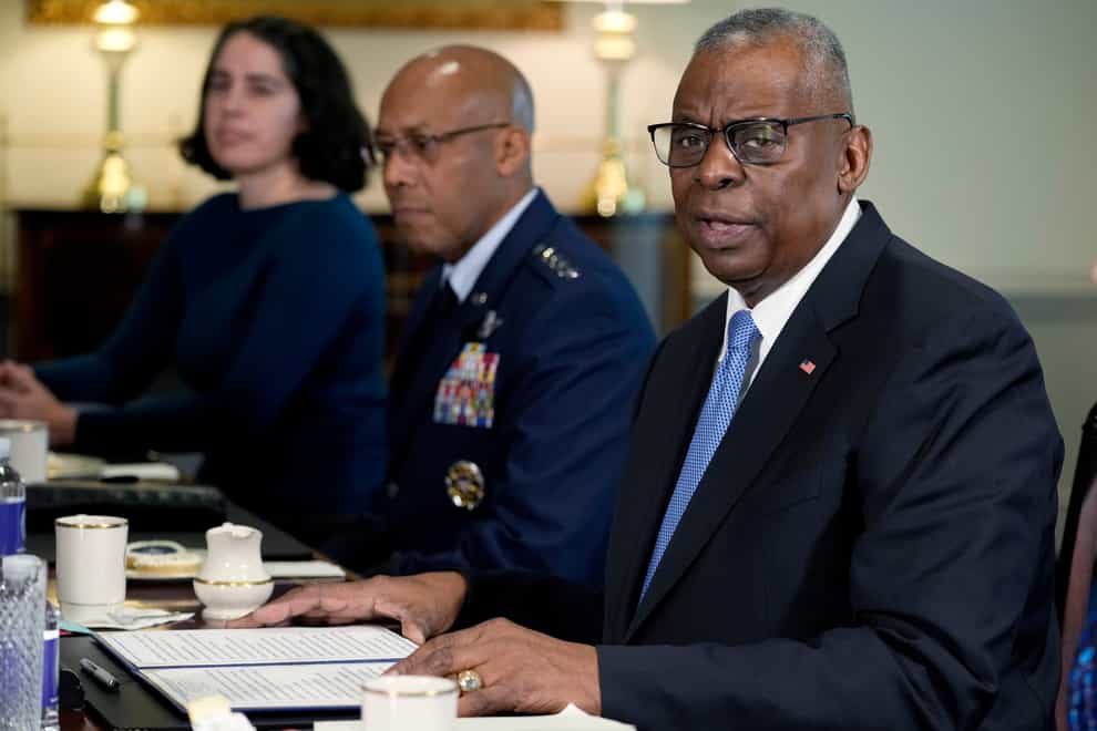 US defence secretary Lloyd Austin, right, speaks during a meeting with Nato secretary-general Jens Stoltenberg, at the Pentagon in Washington on Monday (Susan Walsh/AP)