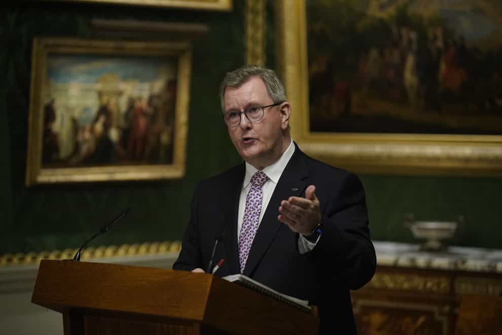 DUP leader Sir Jeffrey Donaldson, speaks during a joint press conference with Northern Ireland Secretary Chris Heaton-Harris (Niall Carson/PA)