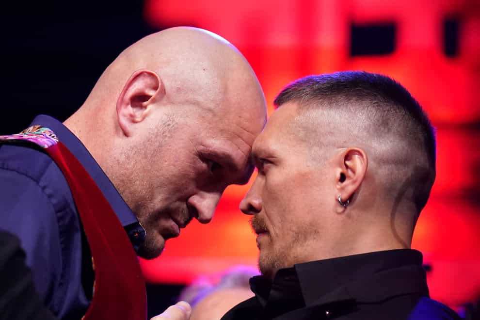 Tyson Fury (left) and Oleksandr Usyk during a press conference in November (Zac Goodwin/PA).