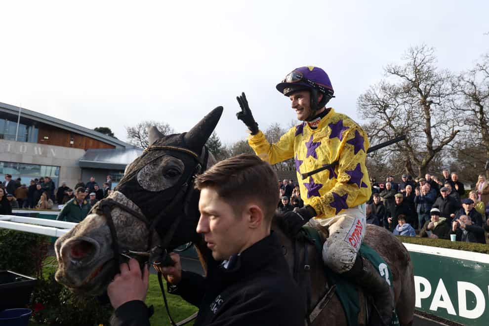 Danny Mullins celebrates winning the Goffs Irish Arkle Novice Chase with Il Etait Temps during day one of the 2024 Dublin Racing Festival at Leopardstown Racecourse. Picture date: Saturday February 3, 2024.