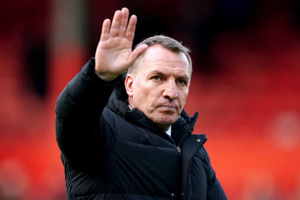 Brendan Rodgers waves to the away fans after the 1-1 draw (Jane Barlow/PA)