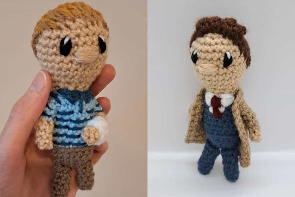 Ellie Coverdale’s crocheted depictions of Sam Tutty in Dear Evan Hansen and David Tennant as Doctor Who (Yorkshire Knitter/PA)
