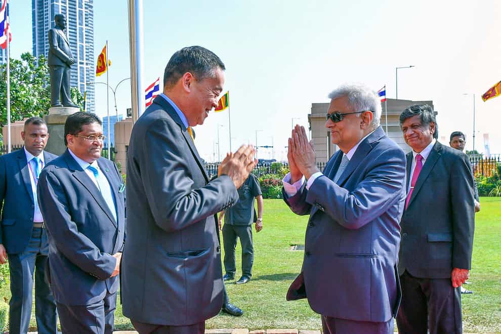 Sri Lanka President Ranil Wickremesinghe, right, receives Thai Prime Minister Srettha Thavisin (Sri Lanka President’s Office/AP)